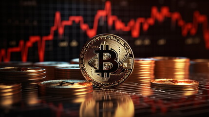 3D gold Bitcoin on price candlestick chart background.  Market crash, Dropping down. Price Value Decrease Recession, Loss. Generated AI.