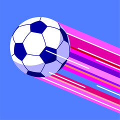 Flying soccer ball with multicolor glowing trail in flat style against blue sky. Vector illustration
