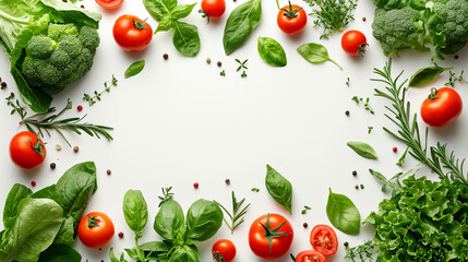 Vegetables frame around empty copy space area, Leafy greens, tomatoes, basil, herbs, spices. For organic green product advertising background
