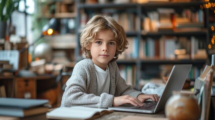 portrait of a boy sitting in a library with laptop