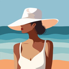Vector illustration concept tourism, vacation. Beautiful woman on vacation in a hat against the backdrop of the ocean sea. Woman tourist in a white dress in the tropics