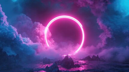 3d rendering, abstract futuristic geometric background with neon ring and stormy cloud over night sky. Round frame with copy space   