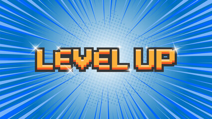 LEVEL UP on blue background .pixel art .8 bit game.retro game. for game assets in vector illustrations.	