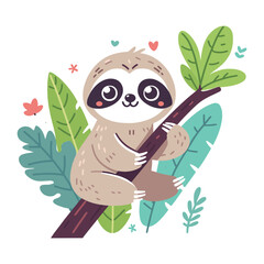 Cute cartoon sloth on a tree branch in the jungle. Simple vector flat illustration. isolated object. Children's picture. Print for kids