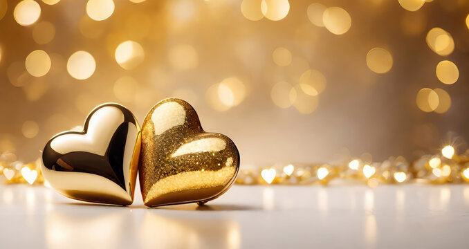Two golden hearts on a blurred gold shiny bokeh background. Valentine's Day,Love wedding concept banner copy space.Generative AI 