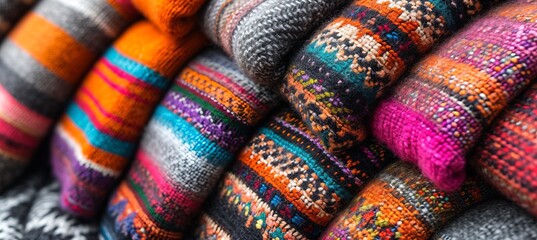 Vibrant and intricate close up of handwoven tapestry with bright lighting and contrasting patterns