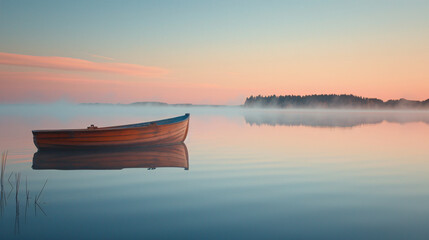 A serene Eastern European lake at dawn with mist rising off the water and a lone wooden boat. - obrazy, fototapety, plakaty