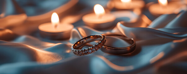 Two intertwined wedding rings resting on a bed of satin with soft candlelight creating a romantic ambiance. - obrazy, fototapety, plakaty