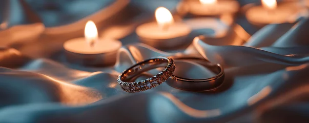 Foto op Canvas Two intertwined wedding rings resting on a bed of satin with soft candlelight creating a romantic ambiance. © thisisforyou