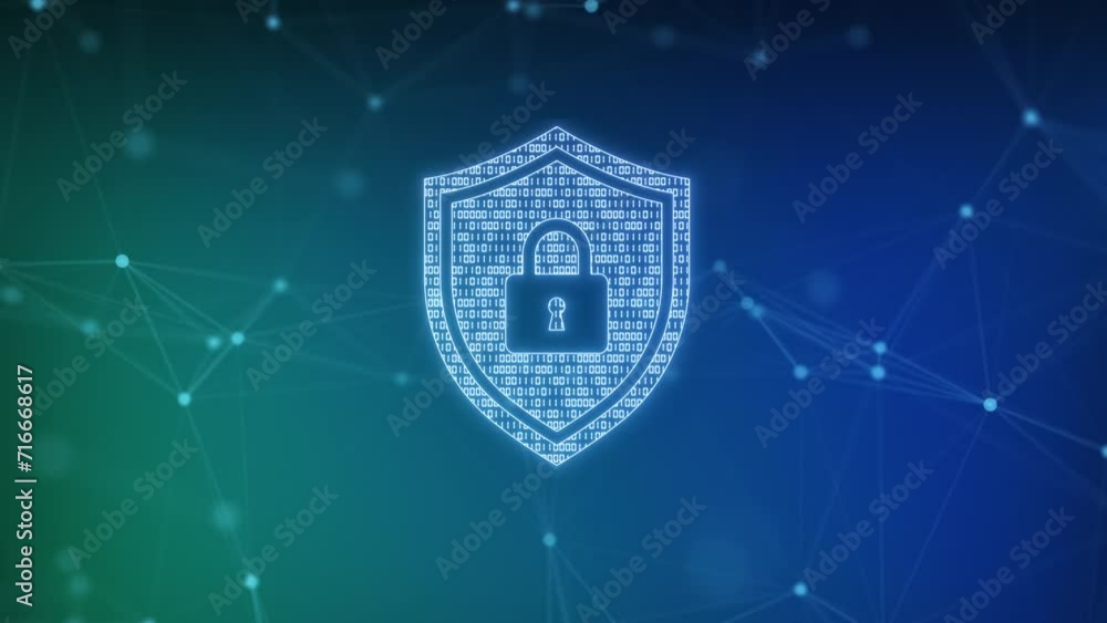 Poster security hologram virtual hud pin with shield and lock. concept of finance data privacy and smartpho