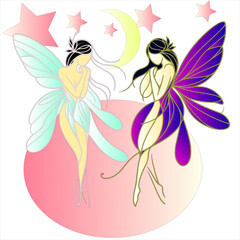 A set of glowing fairies with wings: light blue, purple and pink. Fairy creatures with moon and stars in the background