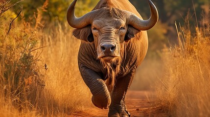 Majestic african buffalo portrait, powerful wildlife photography capturing untamed nature s essence