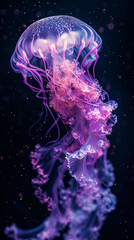 Fluorescent purple glow jellyfish swims gracefully underwater
