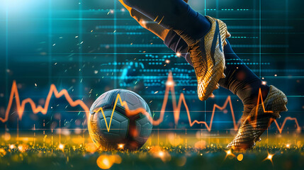 close up foot of a soccer player kicking a ball, stock chart background, investing or trading in stock or currency market background concept - obrazy, fototapety, plakaty