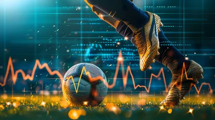 Foto op Canvas close up foot of a soccer player kicking a ball, stock chart background, investing or trading in stock or currency market background concept © Slowlifetrader