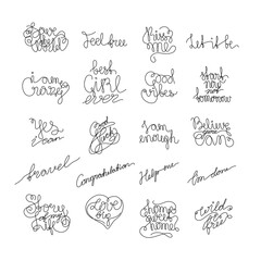 Different inspirational lettering set calligraphy text small tattoo, inscription, continuous line drawing, print for clothes, t-shirt, emblem or logo design, handwritten inscription, isolated vector.