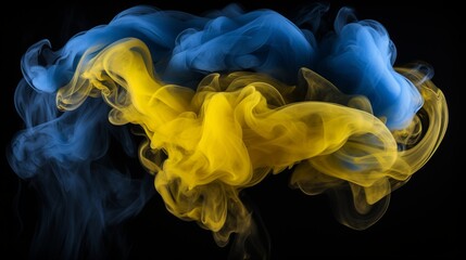 Fototapeta premium Abstract yellow blue smoke on black background with swirling steam, ukraine flag concept