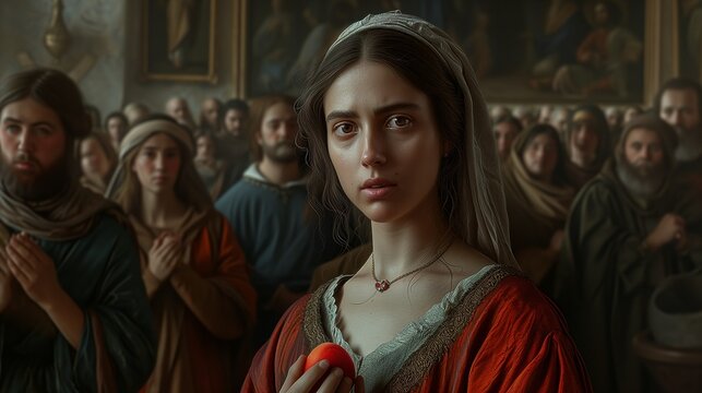 Saint Mary Magdalene holds a red egg in the palace at the reception of Emperor Tiberius, Christ has risen, by the power of his faith in God, in Jesus Christ, changing the color of the egg to red.