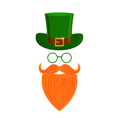 Leprechaun character with red beard, green hat, glasses and no face. Design for St. Patrick's day. Flat style. Isolated on white background. Vector illustration