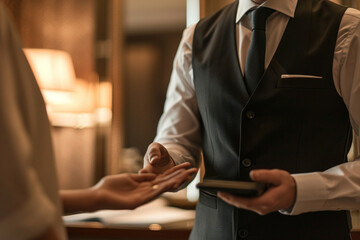 close-up of a concierge assisting a guest with travel arrangements, emphasizing the personalized and efficient service provided by hotel staff in a minimalistic photo