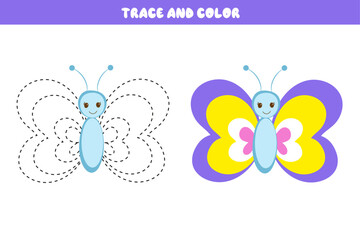 Trace and color cartoon vector butterfly. Educational coloring book. Handwriting practice for preschoolers. Educational cards for children. Development sheet for preschoolers.