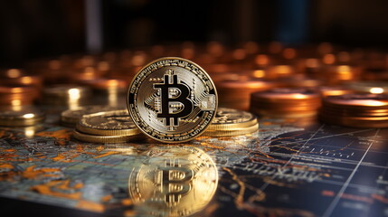 3D gold Bitcoin on price candlestick chart background. Dark trading chart Background. Crytocurrency chart. Generated AI.