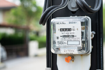 Bangkok, Thailand April 10, 2023,Electric measuring power meter for energy cost at home and office.