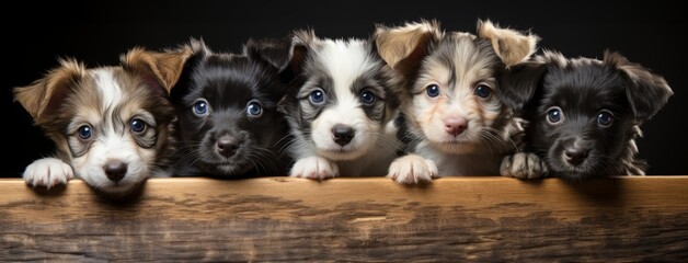 Dogs, cute puppies in a row behind a wooden plank, copy space