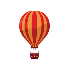 Naklejka premium Vector illustration in flat style. Hot air balloon with red and white stripes. Summer journey by air transport. Isolated on white background