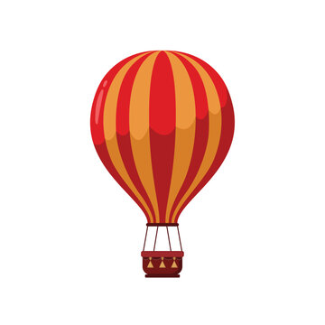 Vector illustration in flat style. Hot air balloon with red and white stripes. Summer journey by air transport. Isolated on white background