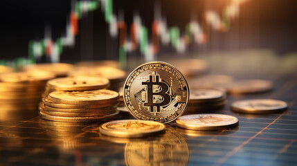 3D gold Bitcoin on price candlestick chart background. Dark trading chart Background. Crytocurrency chart. Generated AI.