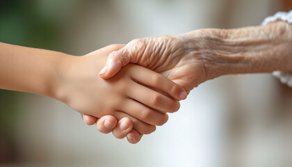 Young hand of child touch old hand of eldery woman. Grandmother day