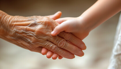 Young hand of child touch old hand of eldery woman. Grandmother day