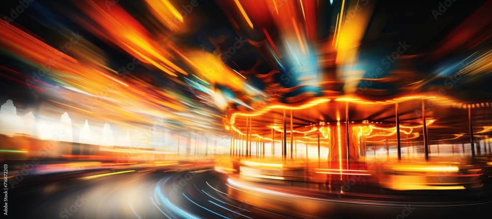 Poster vibrant close up of colorful carousel in motion with lively details and dynamic lighting