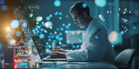 Doctor analysis and electronic medical record on laptop. Medical research and development of improve patient health.