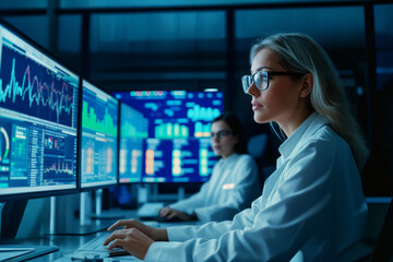 Monitoring room with female data scientist analysing data on screens