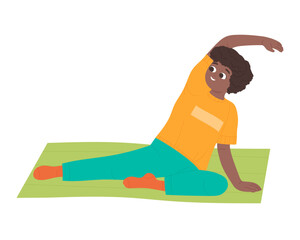 Little african boy in stretching pose. Kids practicing yoga sport, healthy lifestyle cartoon vector illustration