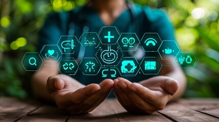 Hands holding medical icons for health insurance, medical welfare, and access to healthcare concept