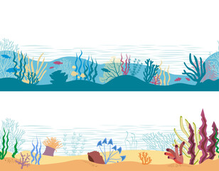 Fototapeta na wymiar Set of seamless underwater panorama on white background. Vector illustration.