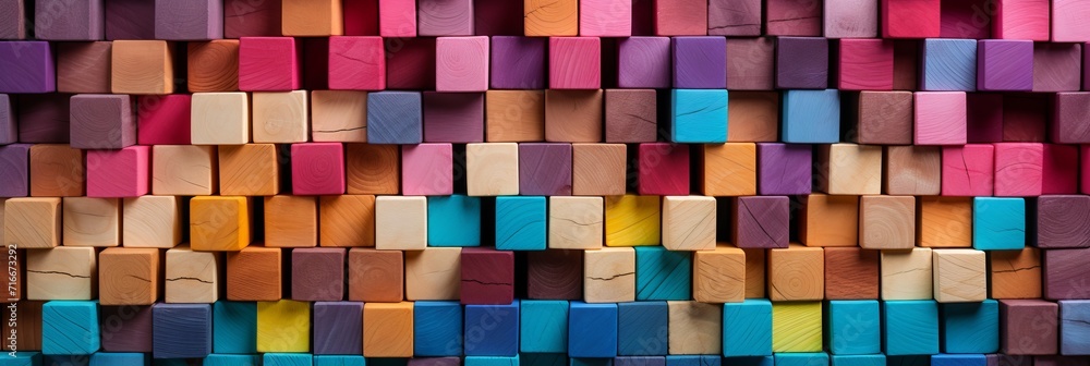 Poster vibrant assortment of colorful wooden blocks aligned in wide format background