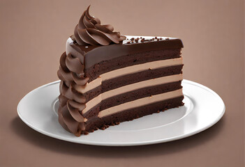 A rich chocolate mousse and rich ganache layer atop a rich slice of triple chocolate cake. AI Generative