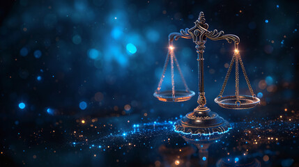 scales of justice on a dark background, in the style of futuristic digital art, international law concept with scales, generative ai