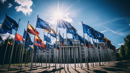 Eu flags waving in front of european parliament, symbolizing eu politics and governance