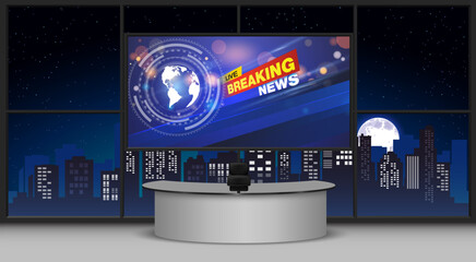 white table and breaking news on lcd background in the news studio room	