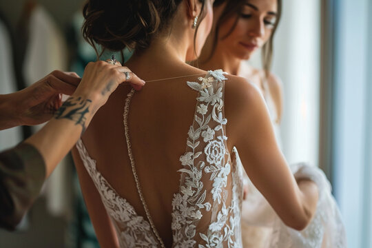 wedding coordinator assisting a bride with her gown or accessories, emphasizing the supportive and hands-on role played in ensuring a stress-free wedding day in a minimalistic phot