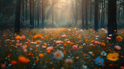 Spring field of flowers in the middle of a forest