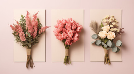 Flowers for Mother Day isolated on light pink background. Wedding flower bouquet. Nature bride bloom accessories. Modern floral studio. Fresh flower for Valentine Day gift. Banner