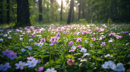 Spring field of flowers in the middle of a forest