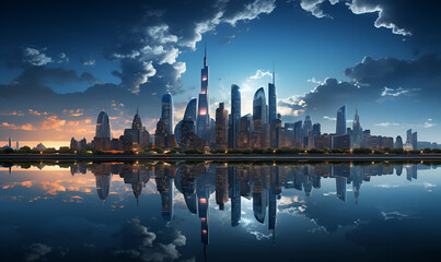 Fototapeta na wymiar city. Skyscrapers. panorama. Night City. Business Center.Reflection. banner