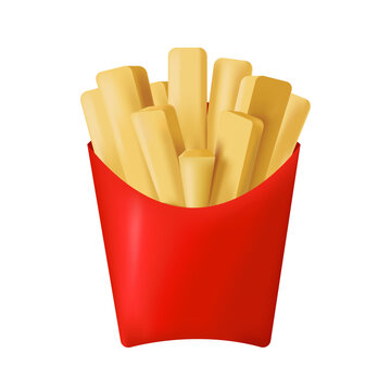 3d French Fries in Red Paper Box isolated on White Background. Fast Food Vector Illustration.